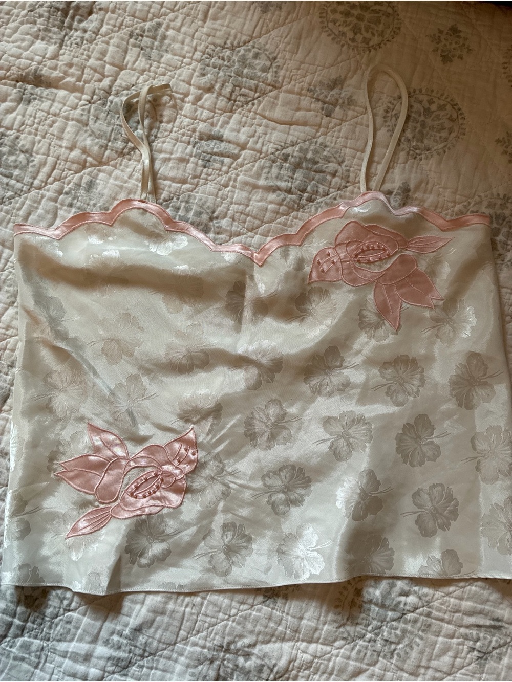 Delicate Victoria’s Secret gold label white Satin Floral Camisole with Pink Trim